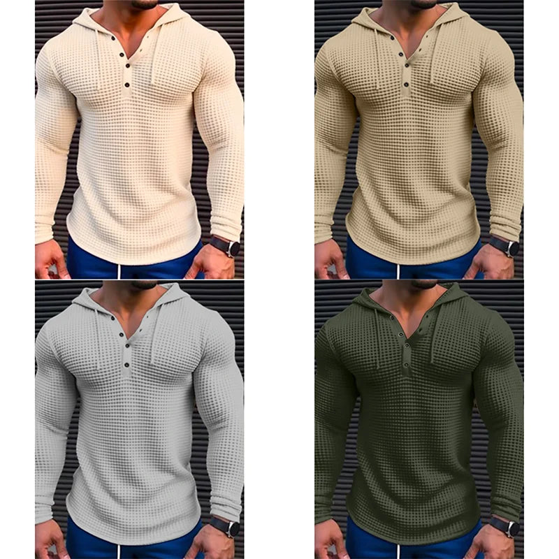 Hehope 2024 Man Solid Color Slim Fit Long Sleeve Thin hoodie Men's Henley Neck Breathable Sports Shirt Waffle Cotton Casual Long Sleeve