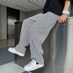 Hehope Summer Ice Silk Pants Men Oversized Retro Plaid Pants Men Japanese Streetwear Loose Wide Leg Pants Mens Pleated Trousers M-5XL