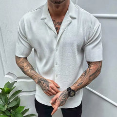 Hehope Street Trend Summer Solid Cardigan Short Sleeved Men's Stand Collar Button Patchwork Casual American Fashion Versatile Thin Tops