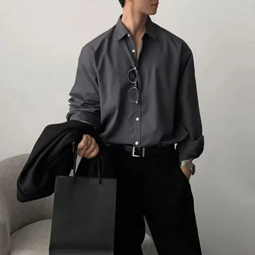 Hehope Dark Shoulder Pad Shirt For Men Autumn New Long-Sleeve Ice Silk Fashion Solid Color Simple Breathable Elegant British Shirt