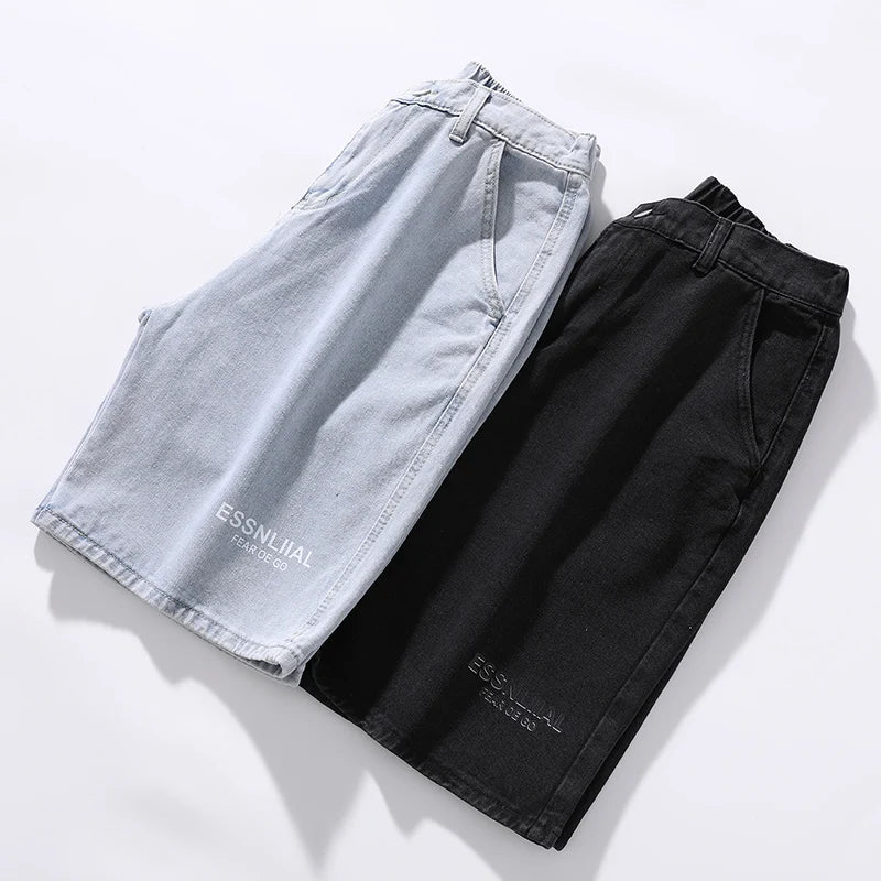 Hehope spring and summer new brand men's five-point jeans shorts men's loose straight elastic waist printing trousers blue black