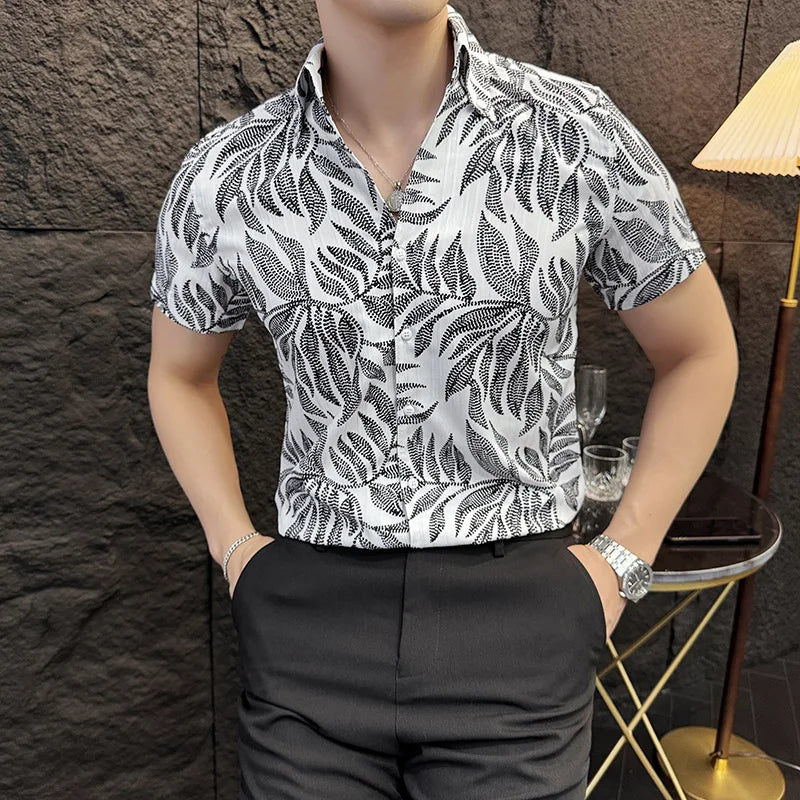 Hehope 2024 Summer Leaf Jacquard Shirt for Men Slim Fit Lapel Short Sleeve Casual Shirts fashion Social Party Tuxedo nightclub Blouse