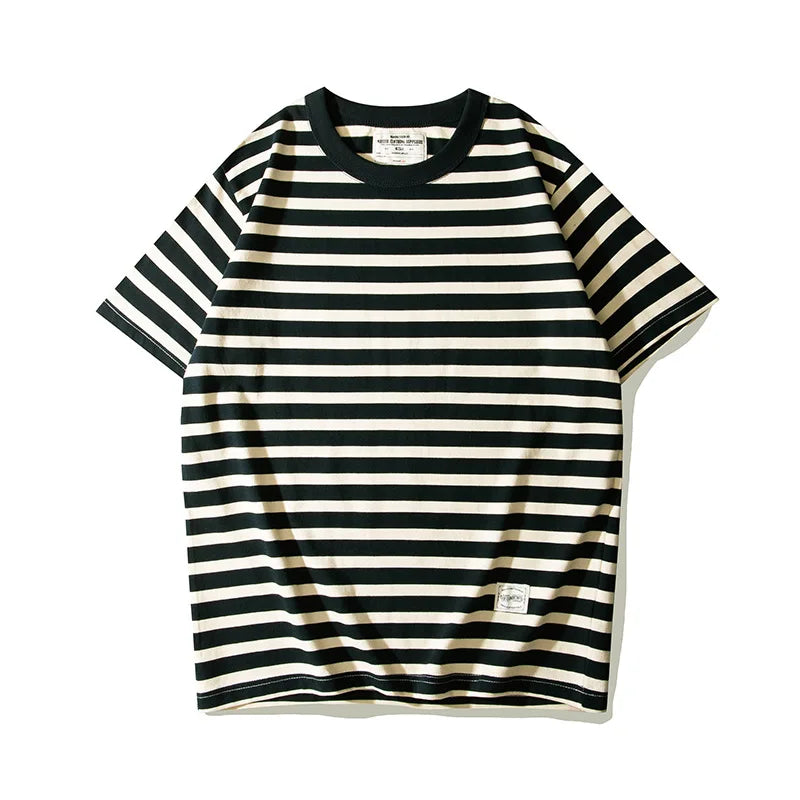 Hehope Thick Heavy T-Shirt Men Summer New Casual Cotton Round Neck Sea Soul Shirt Vintage Striped Short-Sleeved Tshir