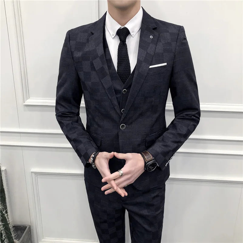 Hehope [Blazer+Vest+Pants] Men Plaid Casual Boutique Wedding Groom Best Suit Formal Business Three-piece Suit Set Fashion Men Clothing