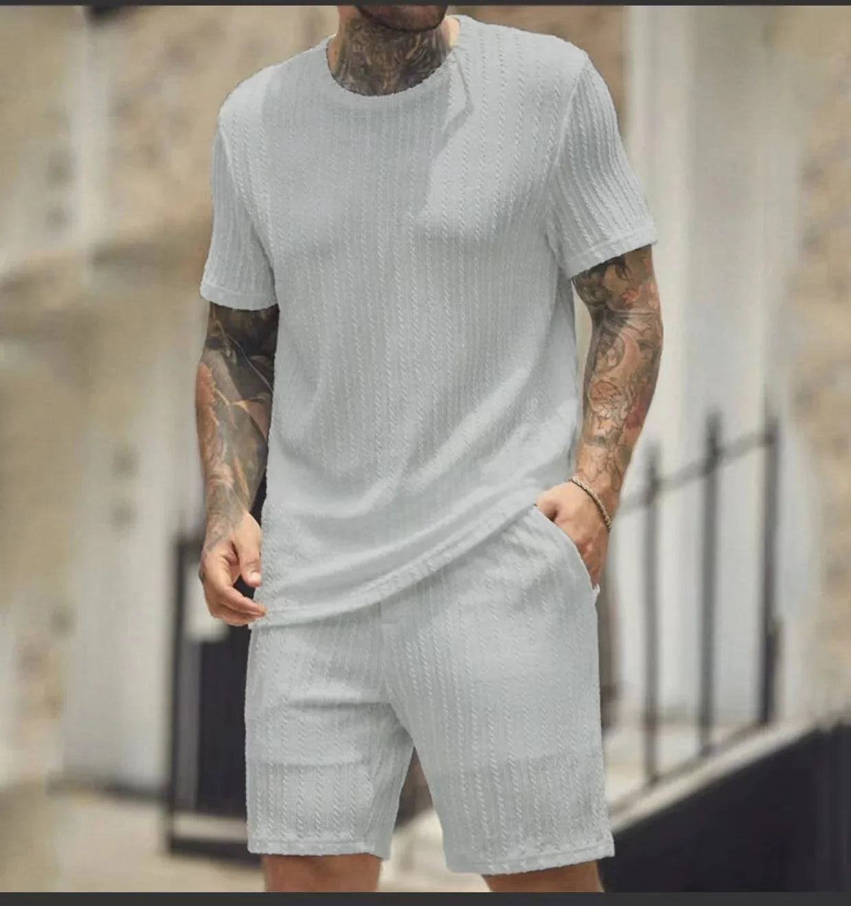 Hehope 2024 Summer Men's Sports Suits Solid Color O-Neck Pullover Striped T-shirt And Shorts Two Piece Set For Male Outfits Streetwear