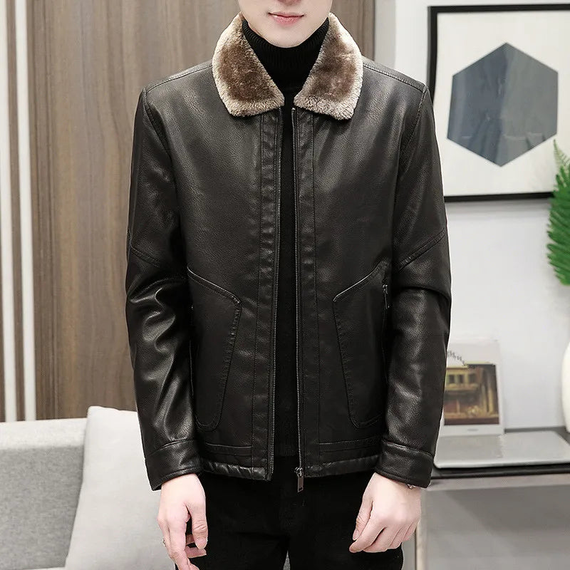 Hehope Mens Fleece Leather Jackets Warm Thick Outwear Man Windbreaker Fur Collar Coat Male Fashion Winter Fleece Coat High Quality New