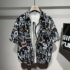 Hehope 2024 Summer Trend Fashion Printing Leisure Lapel Collar Contrasting Colors Loose Fitting Graffiti Creative Street Men's Shirts