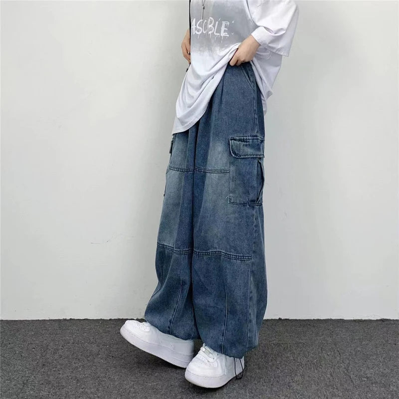 Hehope Autumn Harajuku Fashion Retro High Street Hip hop Pants Straight Wide Leg Pants Women Casual Loose Big Pockets Cargo Jeans