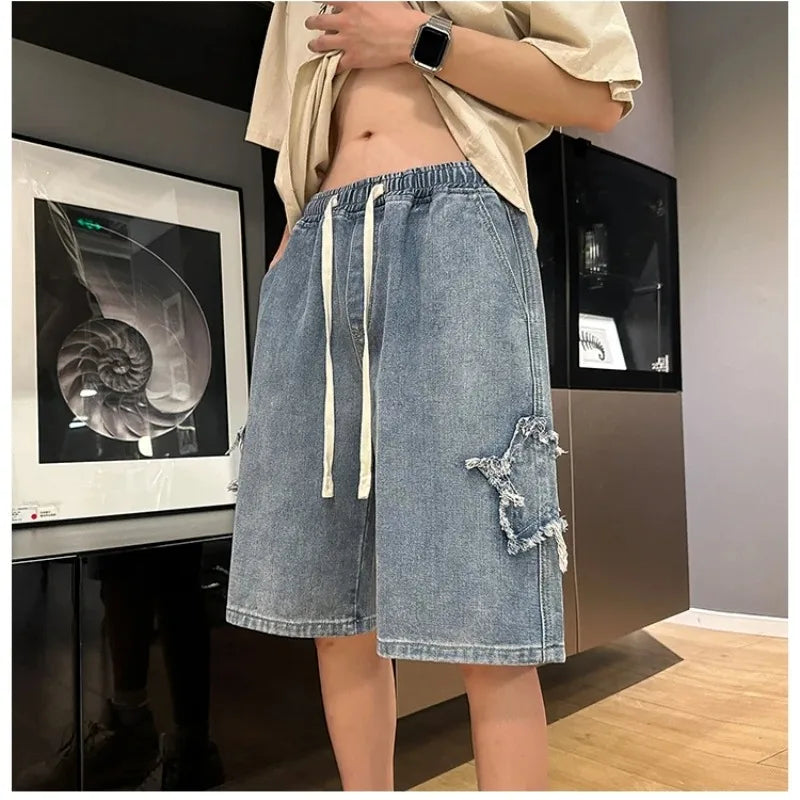 Hehope Embroidery Straight Casual Men Jeans Shorts Gothic Neutral Wide Leg Loose Hip-hop Fashion Youth Streetwear Denim Trousers Y2K