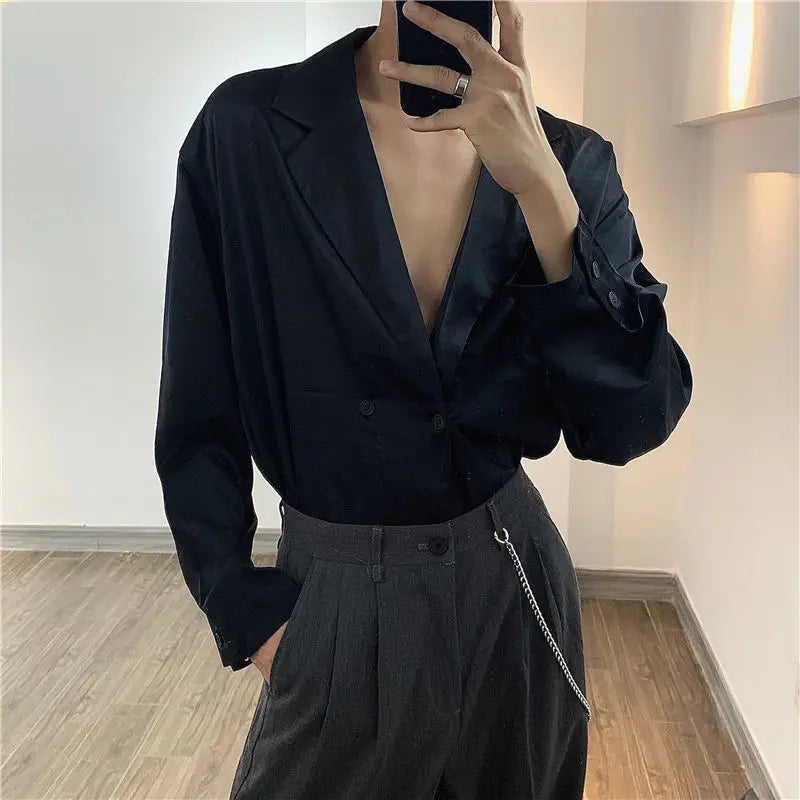 Hehope Spring New Deep V-neck Shirt Men Thin Solid Color Korean Style Mens Shirts High-end Design Double-breasted Long Sleeve Shirt