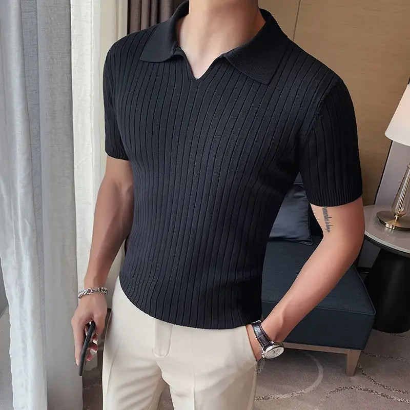 Hehope Korean Business Casual Summer New Ice Silk Men's Short Sleeved Polo Shirt Lapel Solid Jacquard Stripe Screw Thread Slim Thin Top