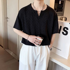 Hehope Summer Short-sleeved T-shirt Men Fashion Casual Black White Pleated Tshirt Men Streetwear Korean Loose V-neck T Shirt Men Tops