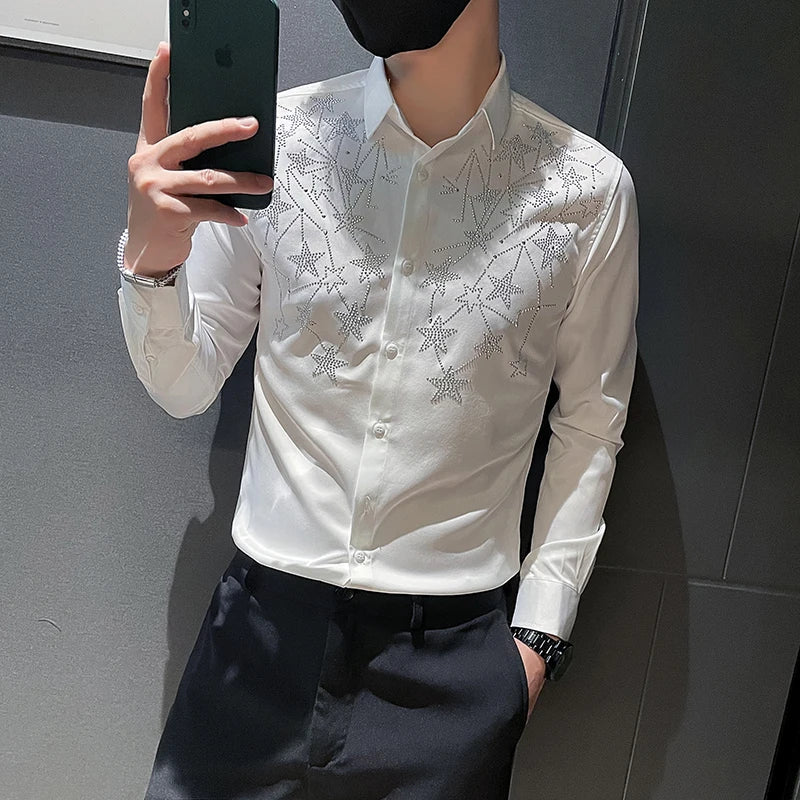 Hehope Star Rhinestone Men's Shirt Long Sleeve Slim Casual Shirt Black White Business Formal Dress Shirts Social Party Tuxedo Blouse