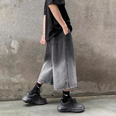 Hehope High Street Trendy Gradient Jeans Men Summer Thin Elastic Waist Drawstring Pockets Loose Casual Denim Wide Leg Calf Length Pants