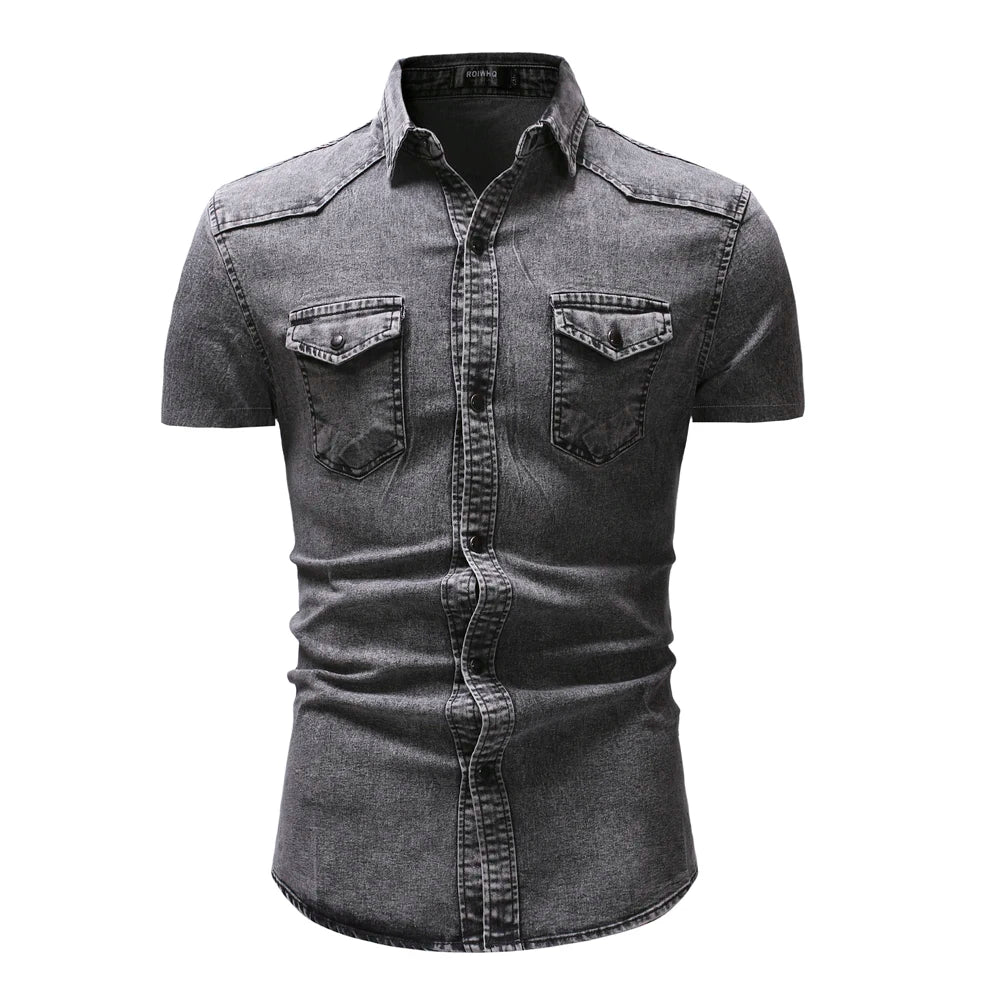 Hehope Summer New Simple Men Denim Shirt Casual Business Mens Short Sleeve Shirts Fashion Polo Collar Male Tops