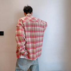 Hehope 2024 Loose Casual Pink Plaid Shirt Tops men's Clothing Autumn Retro Versatile Cotton Lapel Oversize Long Sleeve Shirt Blouse