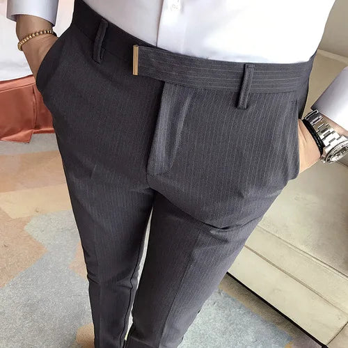 Hehope Mens Striped Suit Pants Formal Pants Summer New High Quality Fashion Solid Color Casual Stretch Slim Trousers Mens Clothing