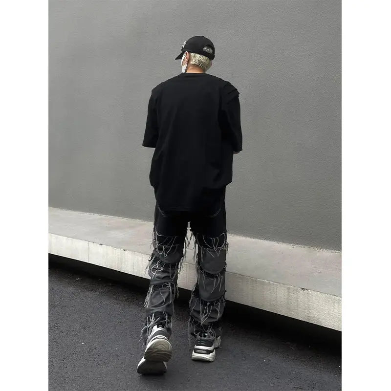 Hehope American Retro Harajuku Patchwork Ripped Jeans Men and Women Straight Wide Leg Baggy Jeans Goth Hip Hop Denim Pants Streetwear