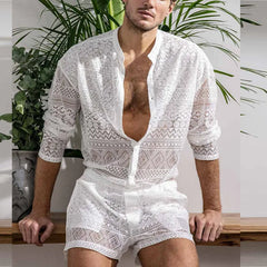 Hehope New Arrivals Men Set Summer Sexy See Through Lace Outfits Beach Fashion Short Sleeved Tops And Shorts Mens Two Piece Suits