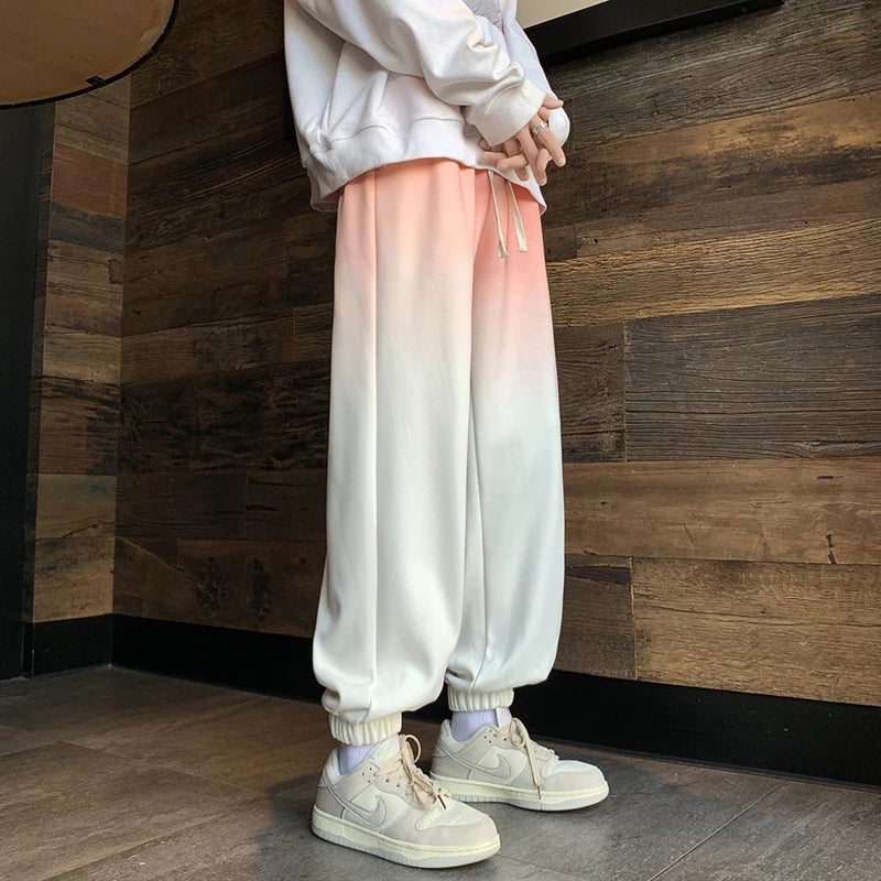 Hehope Spring Autumn Elastic Waist Fashion Gradient Color Sweatpants Man High Street Casual Drawstring All-match Ankle Length Trousers