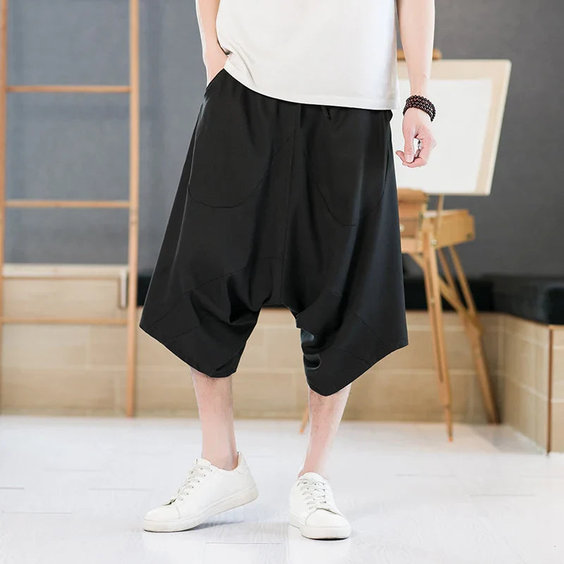 Hehope Summer Oversized Casual Shorts Men Deep Crotch Black White Cross-pant Drawstring Thin Light Japan Style Clothing Big Size