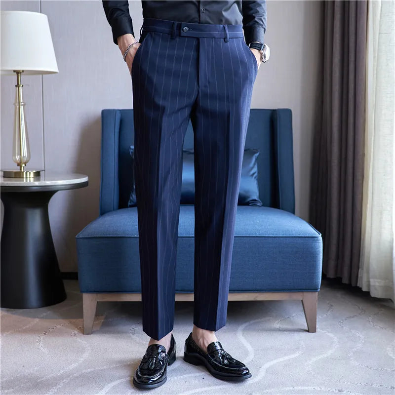 Hehope Men's Striped Suit Pants Elastic Autumn New Social Casual Trousers Slim Fit Suit Pants Business Office Wedding Men Clothing