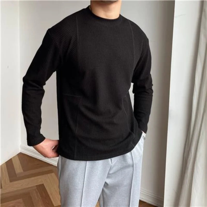 Hehope British Thick Pit Striped Round Neck Long Sleeve T-shirt Japanese Korean Edition Simple Casual Breathable Bottoming Shirt Men