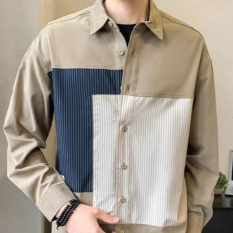 Hehope Long Sleeve Turn-down Collar Loose Handsome Button Spring Summer Patchwork Striped Shirts Business Casual Fashion Men's Clothing