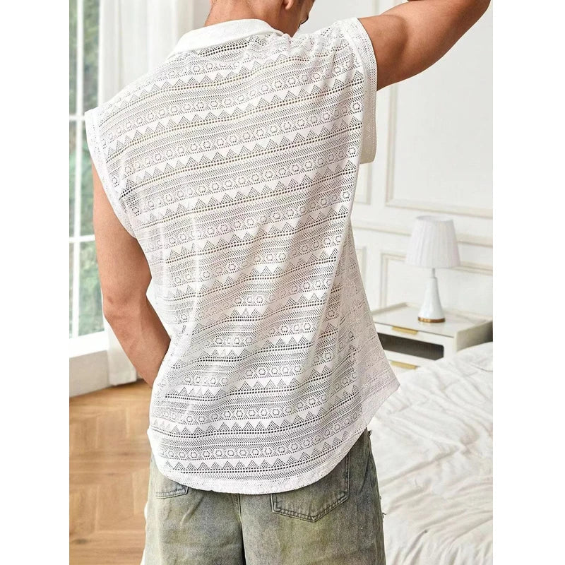 Hehope Men's Mesh Sleeveless Lace Shirt Summer New Fashion Loose Perspective Casual Sexy Zipper Tank Top Men Nightclub Tees Shirt