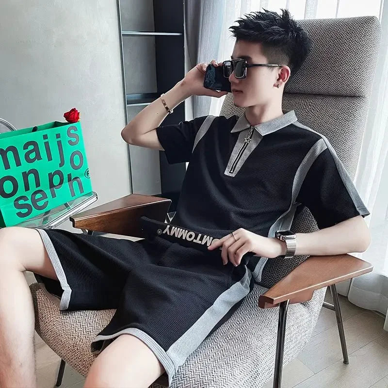 Hehope Plain Male Polo T Shirt Shorts Sets Korean Style Top Elastic Sweatshirt High Quality New In Matching Cool Loose Clothes for Men