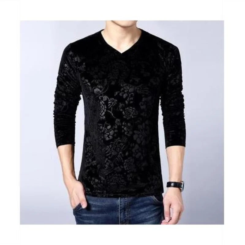 Hehope New Men's Clothing Shirt V-Neck Long Sleeve Spring Autumn Slim Fashion Casual Bold All-match Comfortable Pullovers