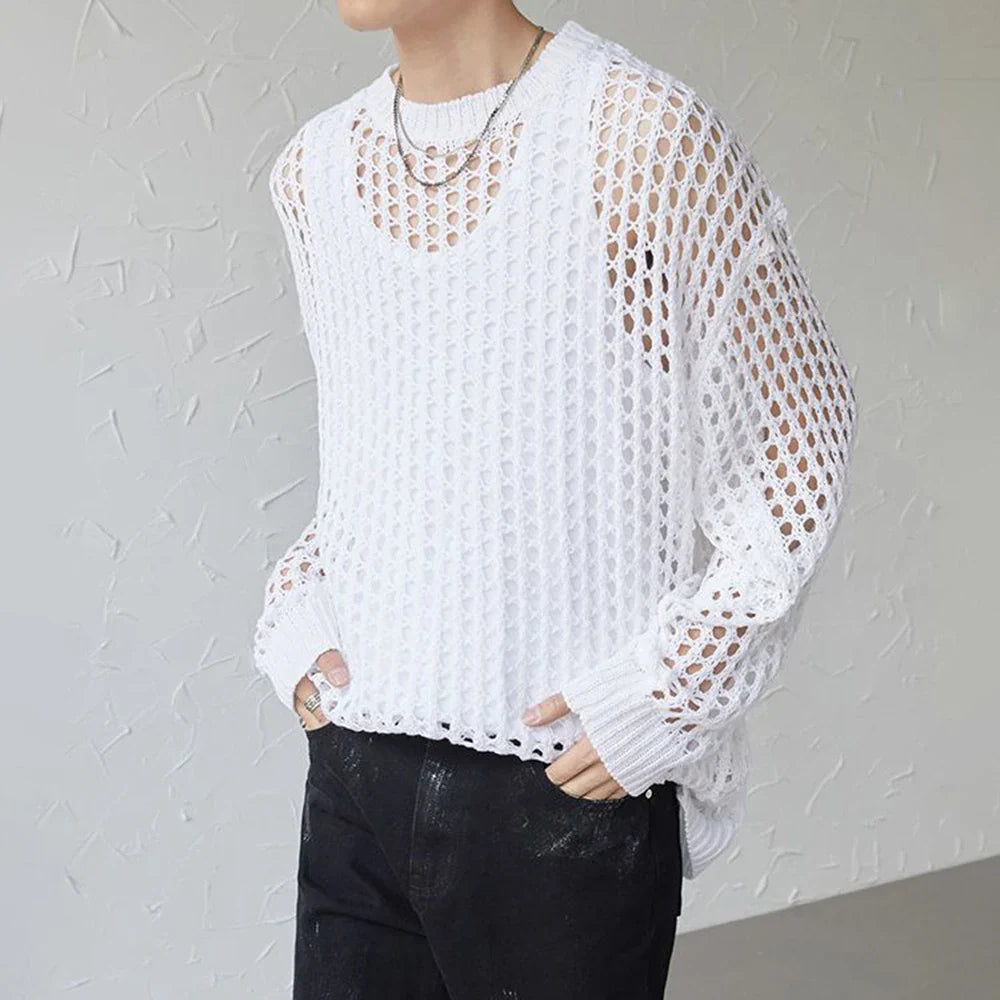 Hehope Mens Y2k Hollow Out Outfits See-Through Knit Shirts 2024 New Summer Fashion All-Match Casual Geometric Vintage Loose Smock Tops