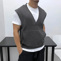 Hehope Mens Sleeveless Knitted Vest Genderless Youth Trendy Personalized Fashion Simple Loose Solid Color Fitness V-Neck Vest Unisex