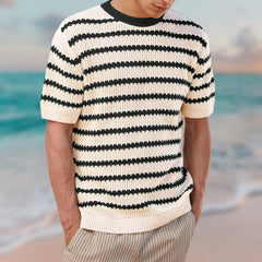 Hehope Summer Short Sleeve Sweater T Shirts Men Vintage Jacquard Striped Knitted Tops Mens Casual O Neck Jumper Tee Male Fashion Tops