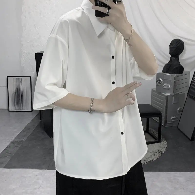 Hehope Solid Short Sleeve Turn-down Collar Capable Shirts Simplicity Handsome Loose Formal Office Lady Casual Summer Men's Clothing