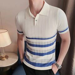 Hehope Summer Striped Knitted Polo Shirt Men Short Sleeve Lapel Tee Tops High Quality Casual Slim Fit Business Social Polos Streetwear