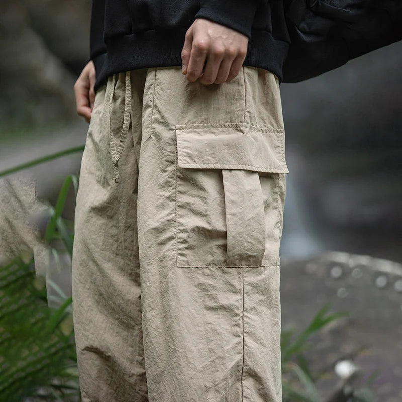 Hehope 2024 Autumn Casual Pants Men Waterproof  Thin Mid Waist Solid Color Men Cargo Pants Tourism Outdoors Riding Trousers