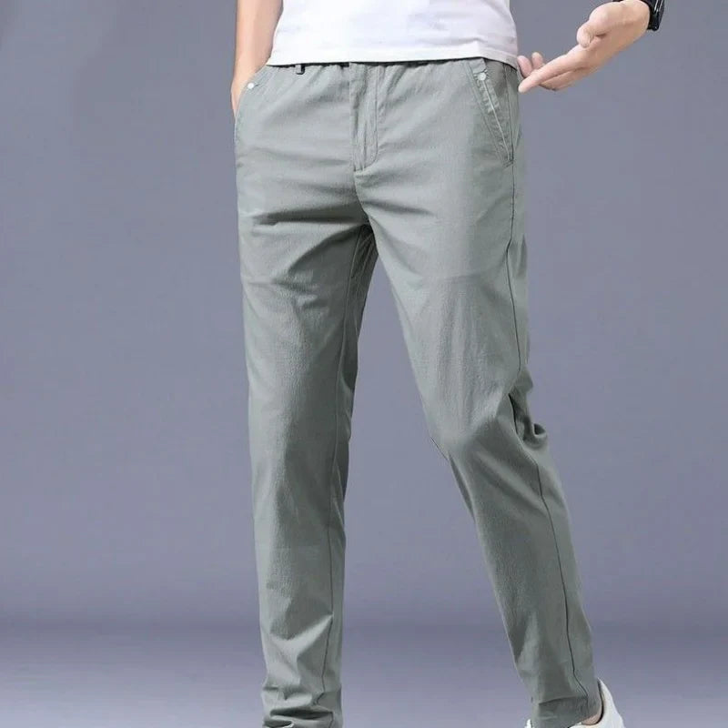 Hehope Summer New Fashion Casual Ice Silk Simple Versatile Straight Pants Men Solid Button Zipper Pockets Slim Loose Casual Trouser