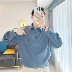 Hehope New Spring and Autumn Pullover Plush and Handsome Polo Neck Panel Button Pocket Long Sleeve Underlay Relaxed Oversize Shirt