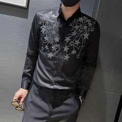 Hehope Star Rhinestone Men's Shirt Long Sleeve Slim Casual Shirt Black White Business Formal Dress Shirts Social Party Tuxedo Blouse