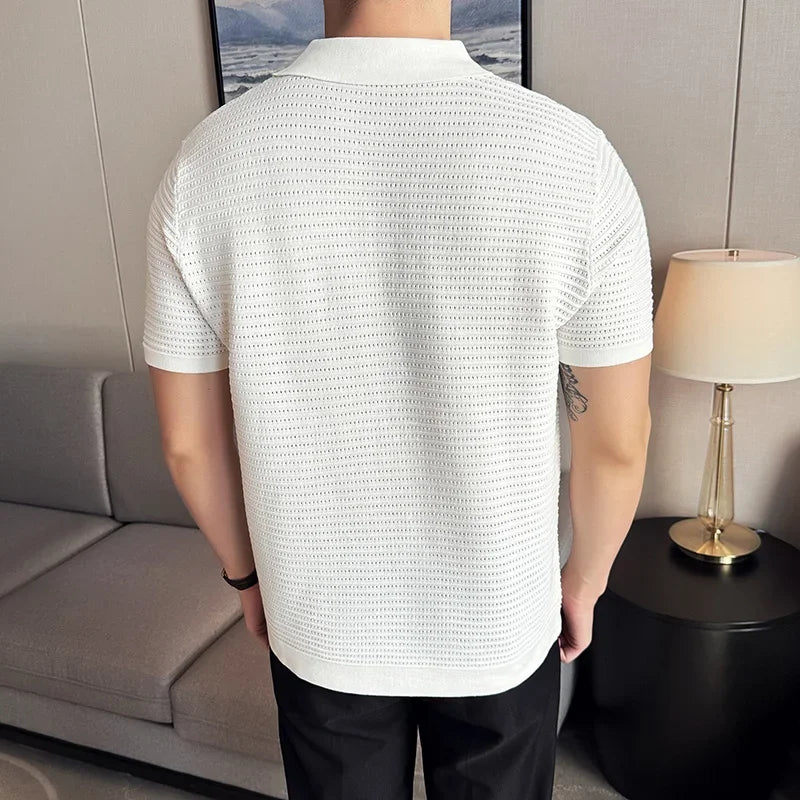 Hehope Men's Polo Shirt 2024 Summer New Thin Knitted Hollow Striped Jacquard Solid Short Sleeved V-neck T-shirt Casual Men's Clothing