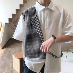 Hehope Summer Blouse Mens Short Sleeve Lapel Chain Patchwpork Contrast Color Loose Shirts Fashion Casual Irregular Fake Two-Piece Shirt