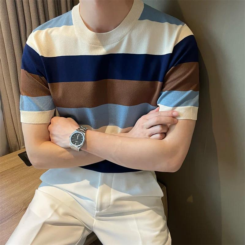 Hehope Korean Style Summer Short Sleeve Patchwork Striped Knit T-shirt Mens Round Neck Slim Fit Casual High-quality Knitted T Shirt