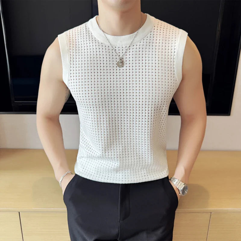 Hehope Summer Mesh Hollow Knitted Vest for Men's Slim Fit Elastic Sleeveless T-shirt Casual Social Streetwear Tee Tops Men Clothing