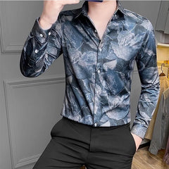 Hehope Summer Handsome Retro Loose Casual England Style Men's Shirt Irregular Print Polyester Button Lapels Long Sleeve Y2K Chic Tops