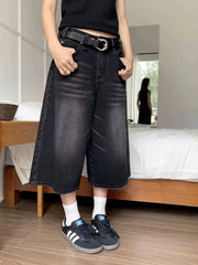 Hehope Retro Fashion Y2k Women Jeans Streetwear Jorts Brushed Black Wash Cropped 2024 New Baggy Wide Leg Frayed Denim Short Pants