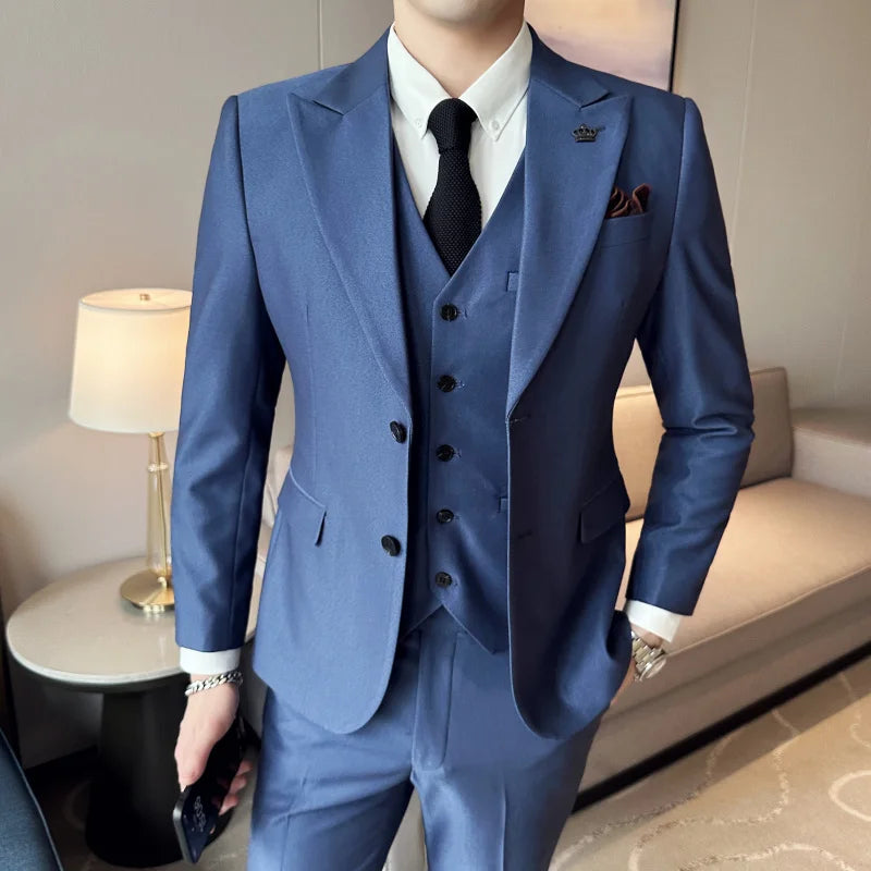 Hehope ( Jacket + Vest + Pants ) Spring Luxury Men High-end Suit Formal Groom Wedding Tuxedo Mens Work Party Slim Fit Suit 3 Piece