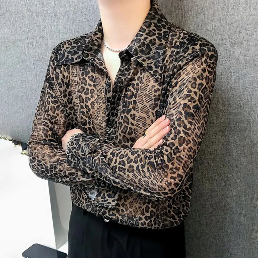 Hehope Mens Sexy Leopard Print Mesh See-Through Ice Silk Shirt Autumn Genderless Fashion Youth Nightclub Breathable Hollow Top Unisex