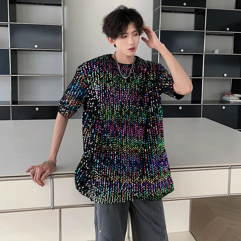 Hehope Colorful Sequin Design Personality Trendy Short Sleeved T-shirts Summer New Original Fashion High Street Men Tops