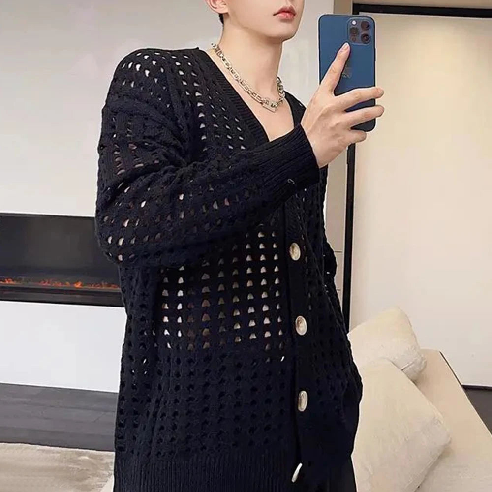 Hehope Mens Autumn Winter Mesh Hollow See-Through Sweater Genderless Y2k Fashion Sexy French V-Neck Cardigan Solid Color Sweater Unisex